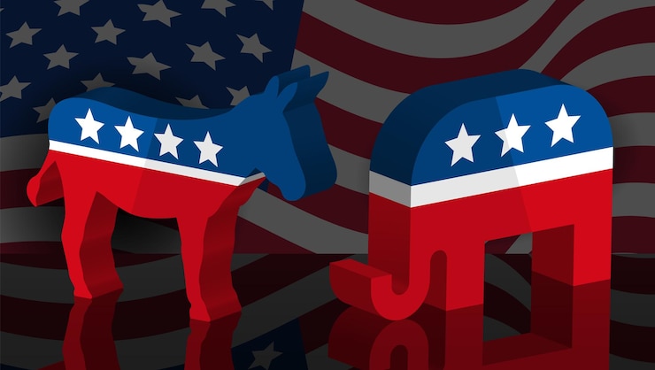 Vector animales de mascota política demócrata y republicana con una bandera estadounidense en el fondo