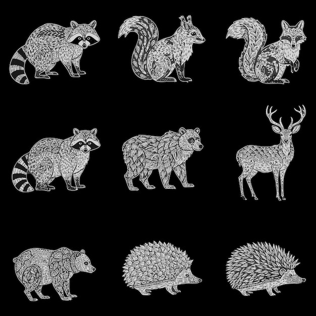 Animales monocromáticos del bosque Ilustración detallada de arte de líneas