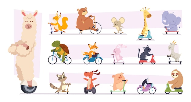 Animales montados mascotas de dibujos animados animales salvajes jinetes varios vehículos bicicletas y scooters colección de ilustraciones vectoriales exactas