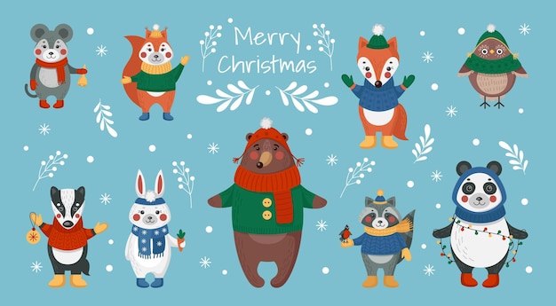 Animales de Navidad Nieve linda invierno Tarjeta de celebración de vacaciones Oso y ciervo Mamíferos del bosque de Navidad Hombre de nieve y árbol dibujados a mano zorro gracioso con sombrero cálido Ilustración ordenada vectorial