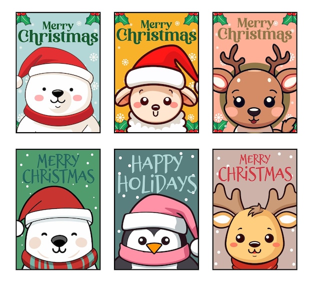 Animales de Navidad con sombreros de Papá Noel exhibidos en tarjetas de Navidad para niños