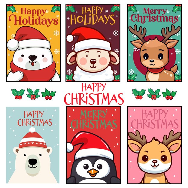Animales de Navidad con sombreros de Papá Noel presentados en tarjetas de Navidad para niños