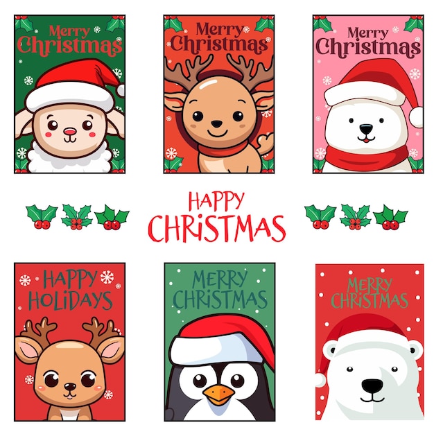 Animales navideños con sombreros de Papá Noel destacados en las tarjetas navideñas para niños
