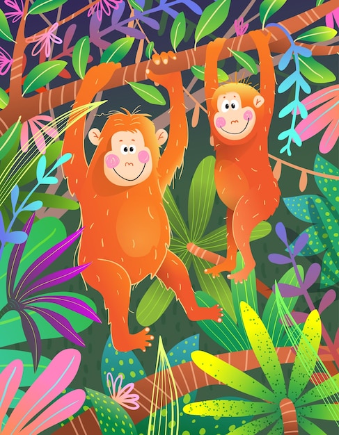 Vector animales orangutang en la selva africana o selva tropical