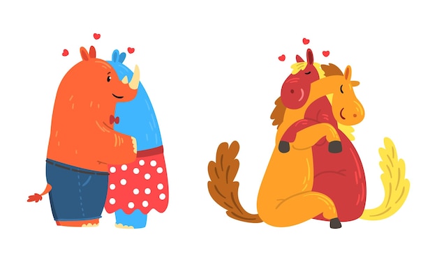 Animales, parejas enamoradas, adorables personajes románticos de rinoceronte y caballo abrazándose Ilustración vectorial de dibujos animados