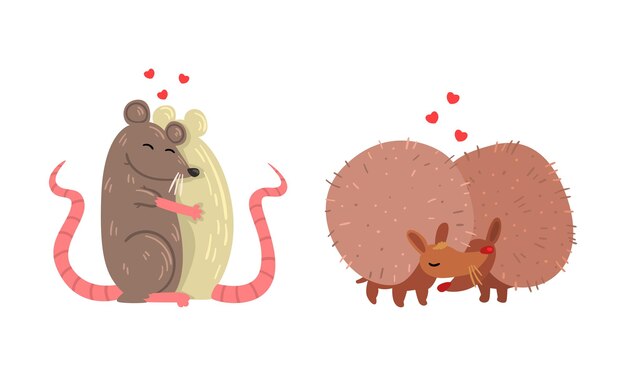 Animales parejas enamoradas cute romántico puercoespín y ratas personajes abrazándose Ilustración vectorial de dibujos animados