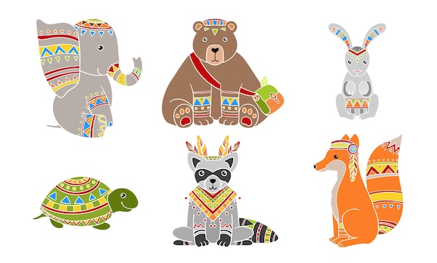Animales con patrones étnicos El elefante, el oso, el conejo, la tortuga, el zorro, el mapache, la ilustración vectorial