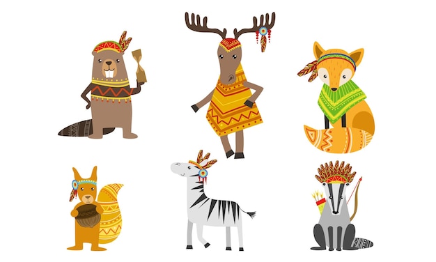 Animales con patrones étnicos Equipo Caballo castor ardilla cebra ratón ciervo Ilustración vectorial