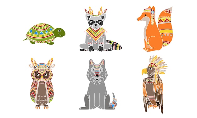 Animales con patrones étnicos set zorro búho lobo tortuga zorro ratón ilustración vectorial