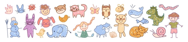 Animales y personajes infantiles dibujados a mano por niños