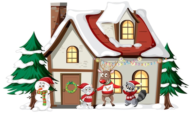 Animales de pie frente a la casa de invierno en tema navideño