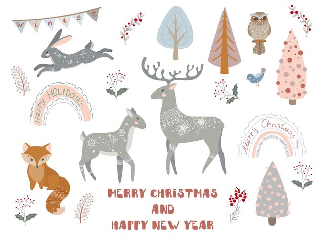 Animales y plantas en estilo boho o escandinavo. Artículos navideños. Gran conjunto con elementos de invierno y deseos de vacaciones. Ilustración de vector de invierno aislado sobre fondo blanco.