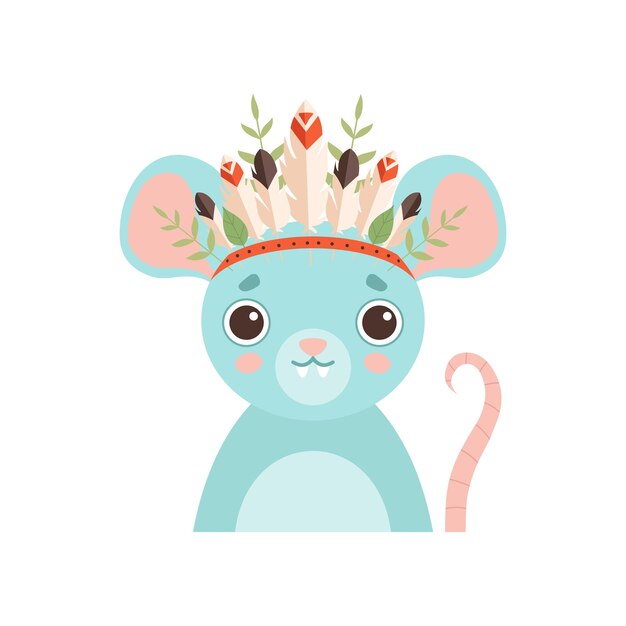 Animales ratones lindos con tocado con plumas hojas y flores Ilustración vectorial sobre fondo blanco