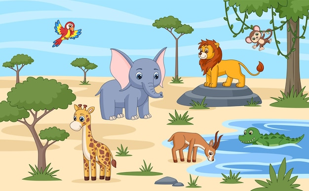 Vector los animales de la sabana beben y descansan paisaje de dibujos animados de áfrica animal panorama de bosque exótico salvaje lindo elefante loro pájaro jirafa y león zoológico llamativa escena vectorial