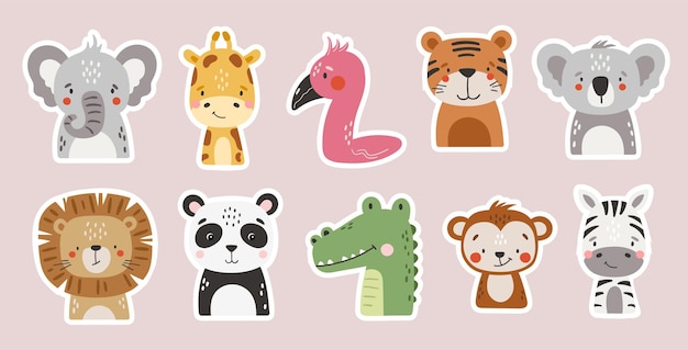 Animales de safari establecidos aislados animales tropicales lindos niños pegatinas imprimibles dibujos animados vectoriales
