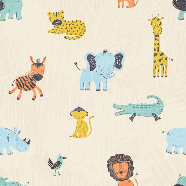 Animales de safari ilustrados de color beige suave sin costuras