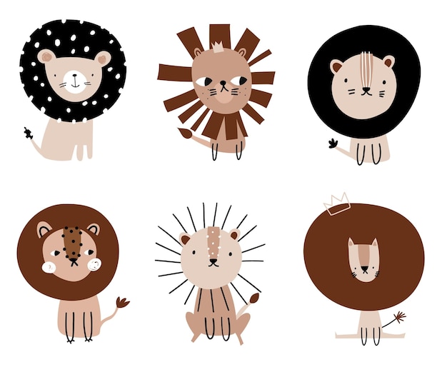 Vector animales de safari para leones y gatos de guardería minimalista escandinavo doodle beige para niños