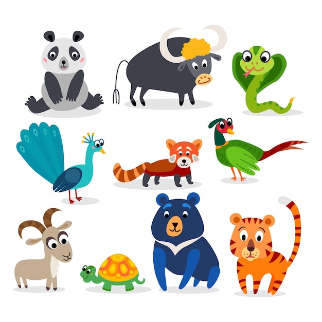 Vector animales salvajes de asia en estilo plano