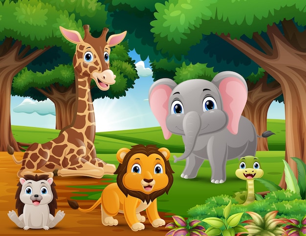 Animales salvajes caricaturizados en la jungla