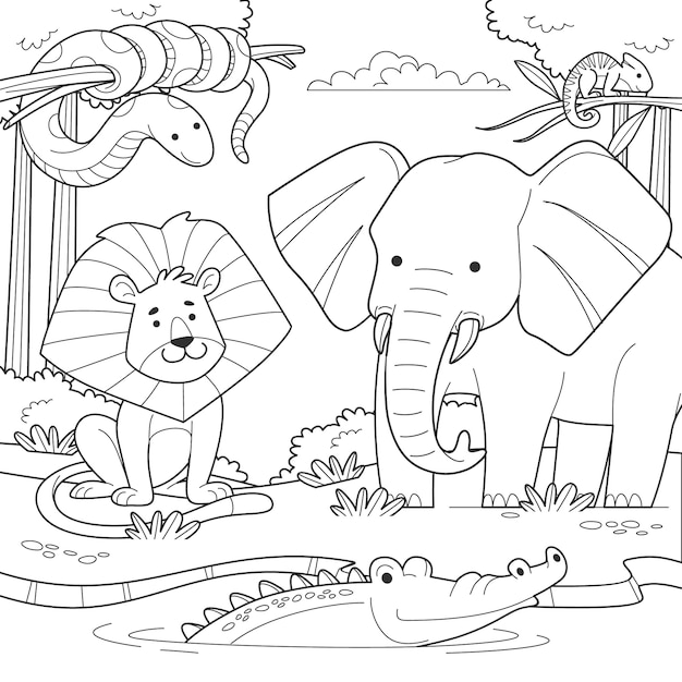 Animales salvajes dibujados a mano Ilustración para colorear páginas
