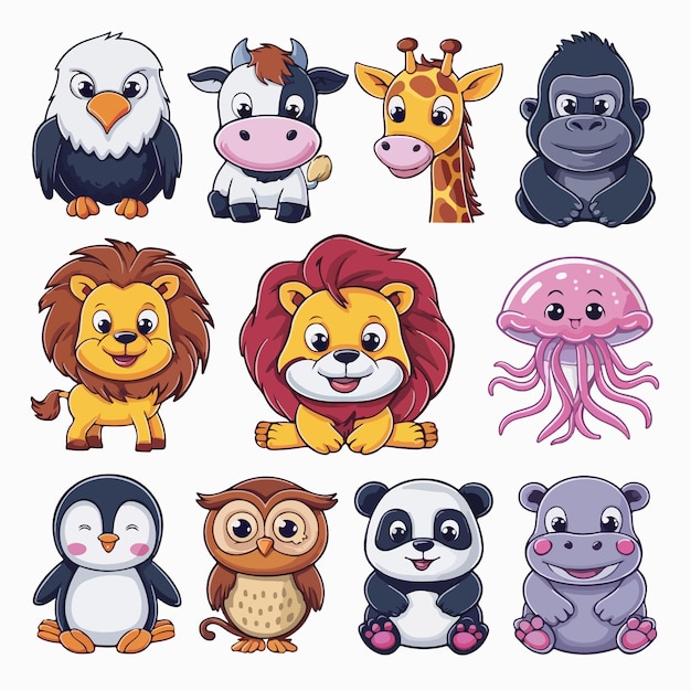 Animales salvajes dibujos animados conjunto de personajes ilustración