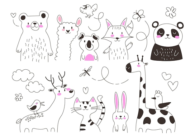 Animales salvajes dibujos animados fauna salvaje conjunto aislado Ilustración de vector gráfico en blanco y negro en el estilo de línea EPS