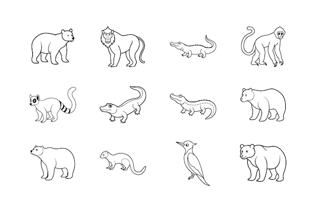 Animales salvajes Ilustraciones de arte de líneas mínimas Página para colorear de animales salvajes para niños