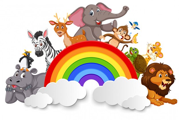 Vector animales salvajes y plantilla de arco iris