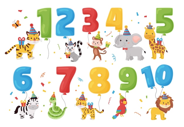 Animales de la selva con globos de números, regalos y sombreros. Feliz cumpleaños.