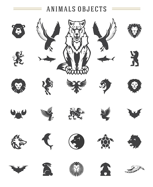 Vector animales siluetas objetos vector elementos de diseño conjunto estilo vintage aislado en blanco