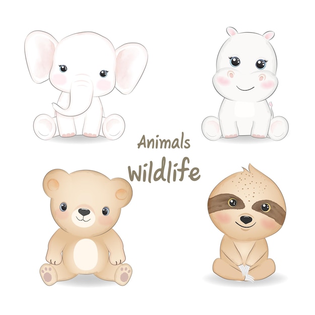 Animales silvestres conjunto ilustración acuarela de dibujos animados