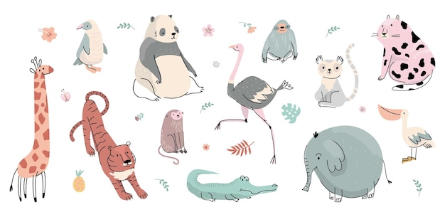 Animales silvestres planos de Doodle Mono perezoso tigre y pingüino Animales aislados del zoológico dibujos animados cocodrilo y jirafa Vector Nowaday personajes tropicales infantiles de tigre y dibujos silvestres de Doodle silvestre.