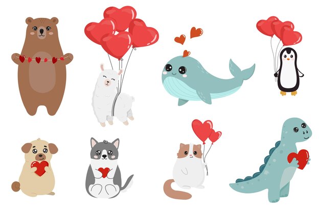 Animales simpáticos y divertidos con corazones Feliz día de San Valentín Objetos aislados sobre fondo blanco