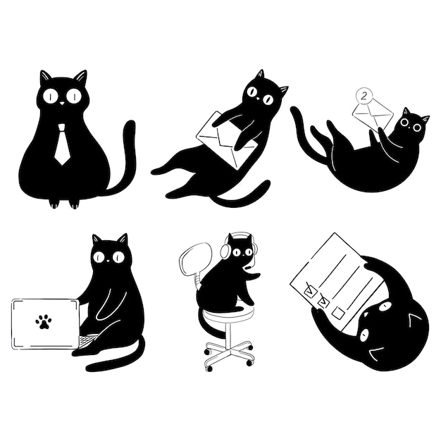 Animales simpáticos Gato Negro Mascota de trabajo en el estilo de línea sólida de la oficina