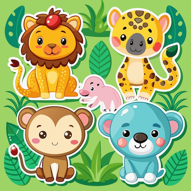 Animales simpáticos de la selva sentados en la hierba verde