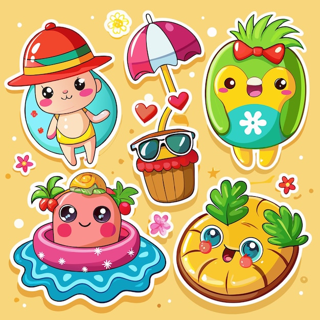 Animales simpáticos de verano disfrutando de la playa con flotadores y accesorios