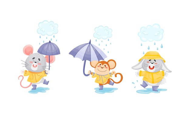 Animales sonrientes con abrigo caminando por charcos en un día de lluvia con un conjunto vectorial de paraguas