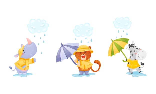 Animales sonrientes con abrigo caminando por charcos en un día de lluvia con un conjunto vectorial de paraguas