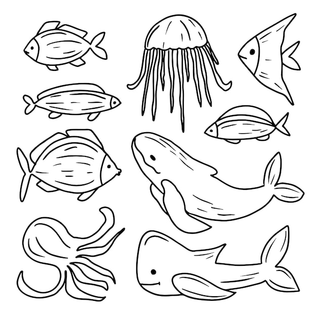 Animales submarinos dibujados a mano conjunto ilustración vectorial Colección de fauna acuática en estilo garabato