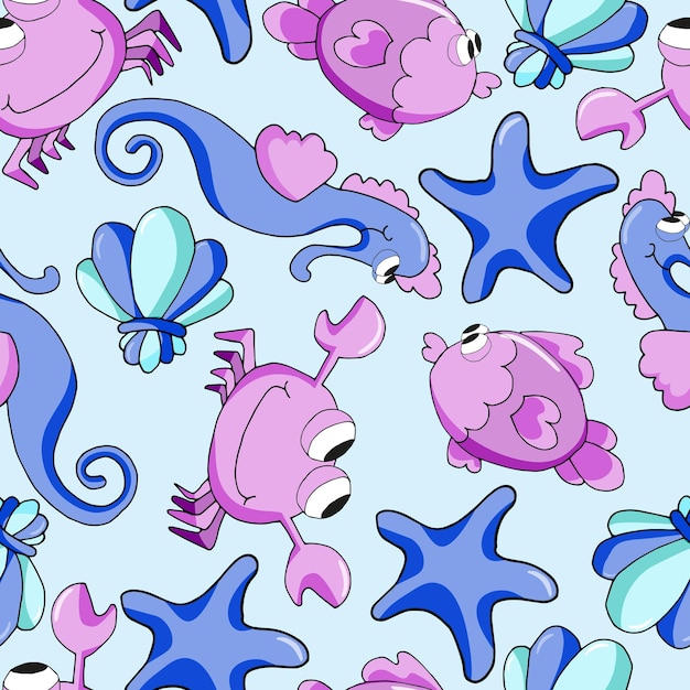 Animales submarinos lindos y conchas marinas sobre un fondo azul claro patrón sin costuras infantil