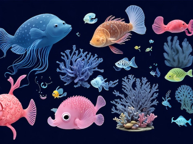 Vector animales submarinos lindos peces caballitos de mar medusas y pulpos dibujos animados vectoriales ai_generado