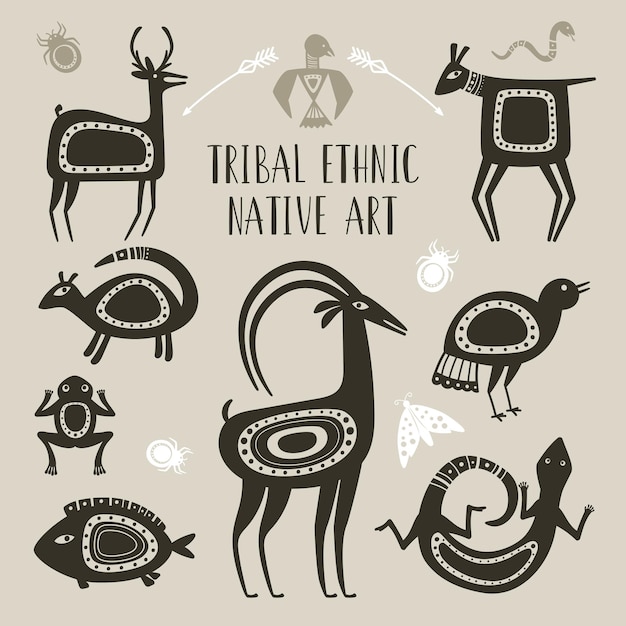 Animales tótem nativos. Dibujos de animales étnicos tribales, lagarto, ciervo, pez, rana, cabra, pájaro, tótems dibujados, símbolos de bestia, tatuaje indígena, mitología, signos de ornamento bruto