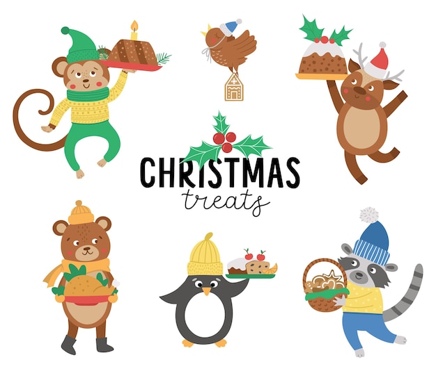 Animales vector lindo en sombreros, bufandas y suéteres con platos tradicionales de navidad. conjunto de personajes de invierno con comida. diseños divertidos de tarjetas de navidad. impresión de año nuevo