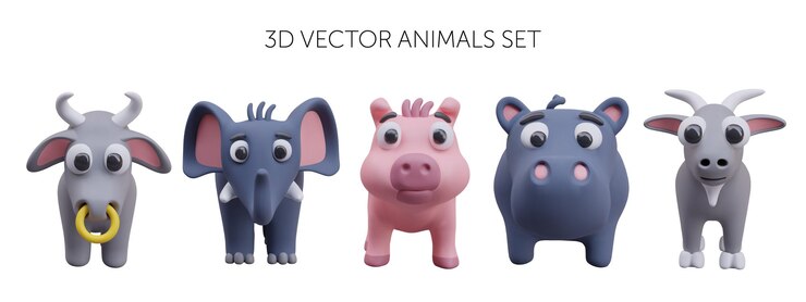 Vector animales vectores 3d con toro con anillo en la nariz elefante azul y hipopótamo