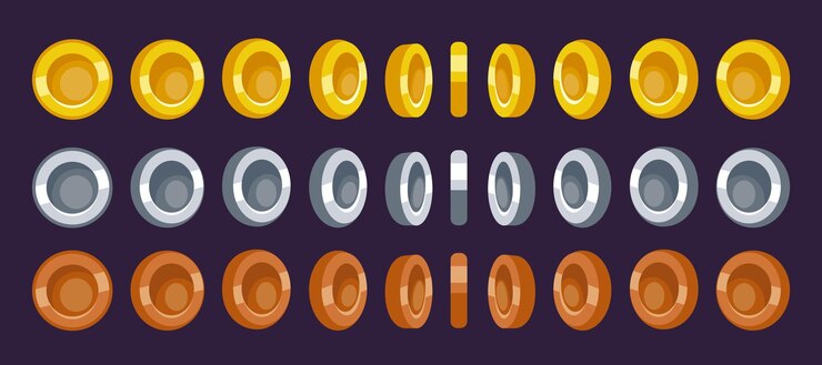 Vector animar monedas de juego video elementos de oro del casino rotación de dinero interfaz móvil 2d voltear tesoros conjunto de secuencias de fichas que caen fichas de oro, plata y bronce iconos de efectivo de vector