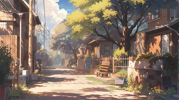 Anime Calle suburbana en la luz de otoño con vector de follaje exuberante