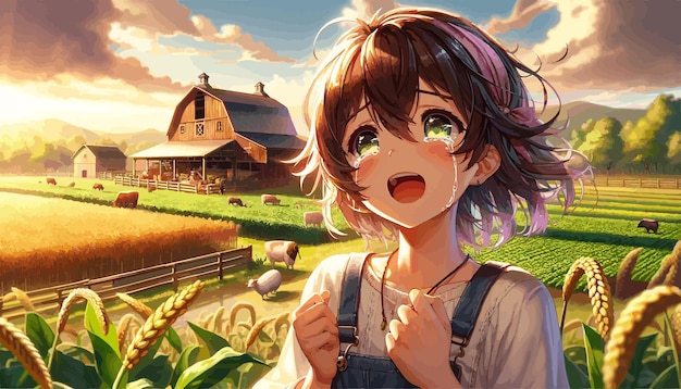 Anime Chica llorando de felicidad en Sunny Farm Ilustración vectorial del paisaje