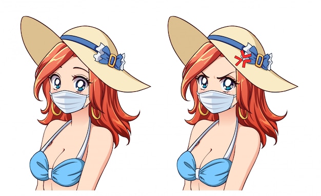 Anime linda mujer con sombrero de verano, bikini y máscara médica. Conjunto de dos expresiones diferentes. Turismo de coronavirus. Ilustración de vector dibujado a mano.