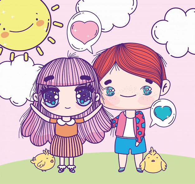 Vector anime lindo niño y niña con pollos al aire libre