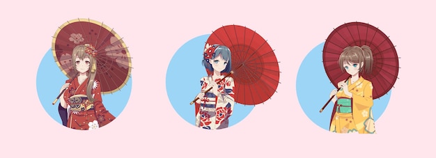 Vector anime manga girl en kimono y paraguas iconos redondos